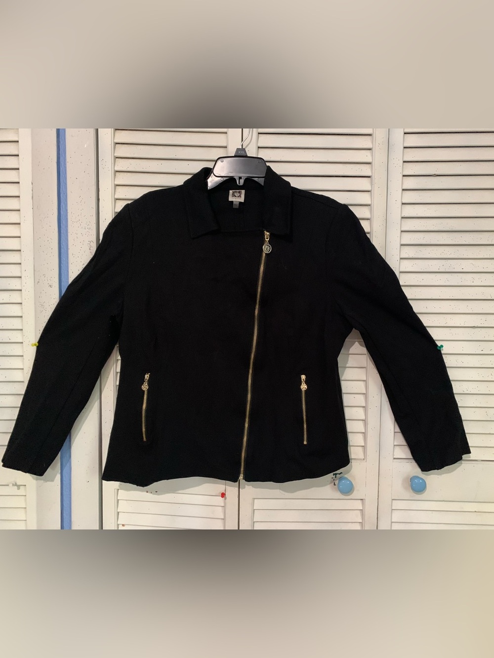 Anne Klein Black Moto Style Bomber Jacket with Gold Zippers